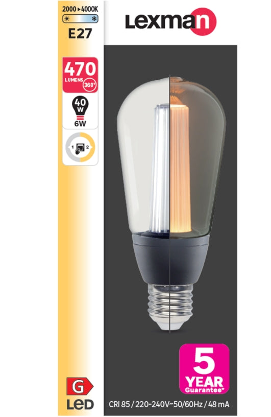 Ampoule LED design à filament, culot E27, 500Lm = 45W, lumière ambiante réglable (blanc chaud à blanc froid), parfaite pour ambiance moderne, marque LEXMAN