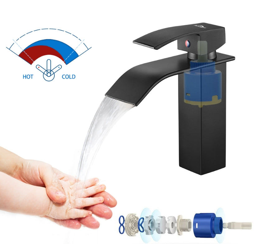 Mitigeur Robinet de Lavabo Cascade Noir Moderne – Robinet de Salle de Bain pour Vasque à Poser ou Lavabo Encastré – Robinetterie Design Élégante