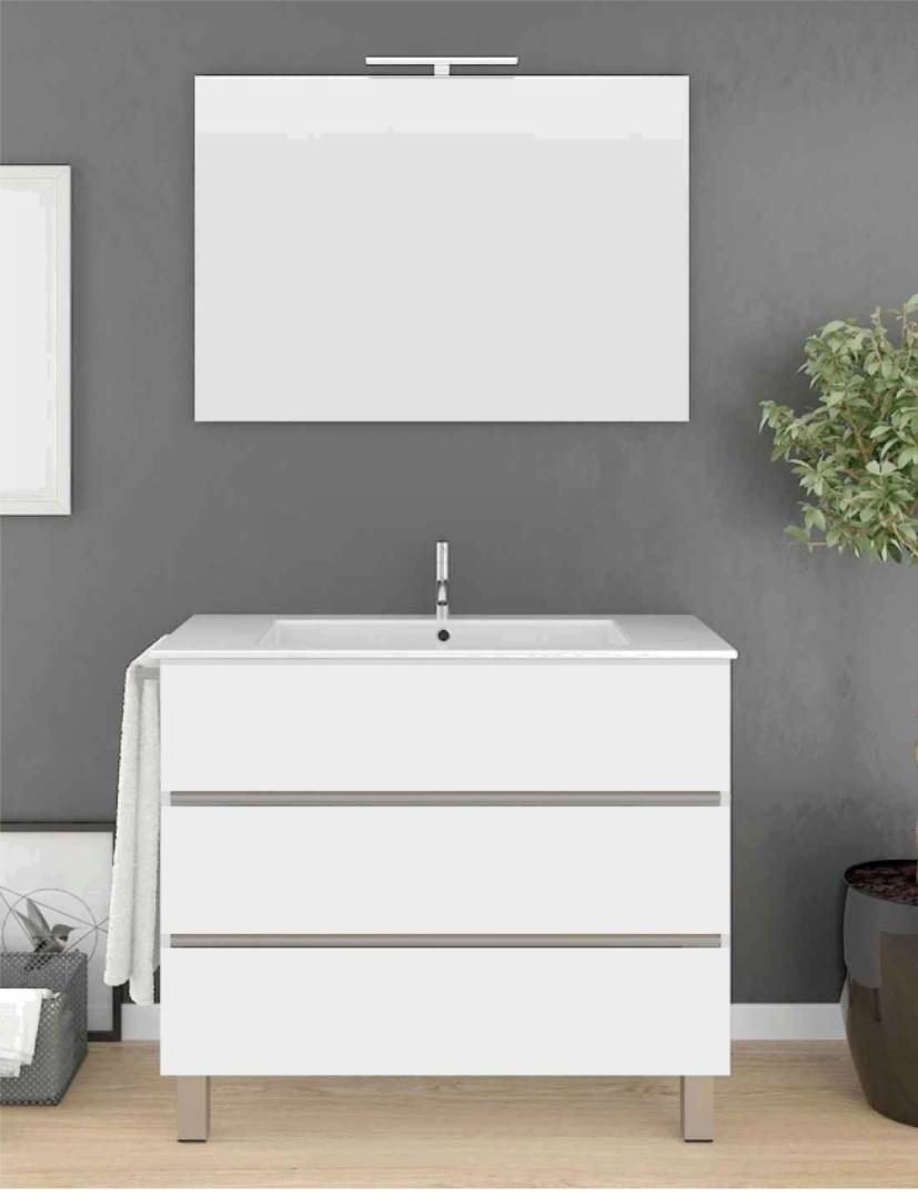 Meuble de salle de bain  3 tiroirs avec lavabo et miroir Imper – Blanc 80x40Cm
