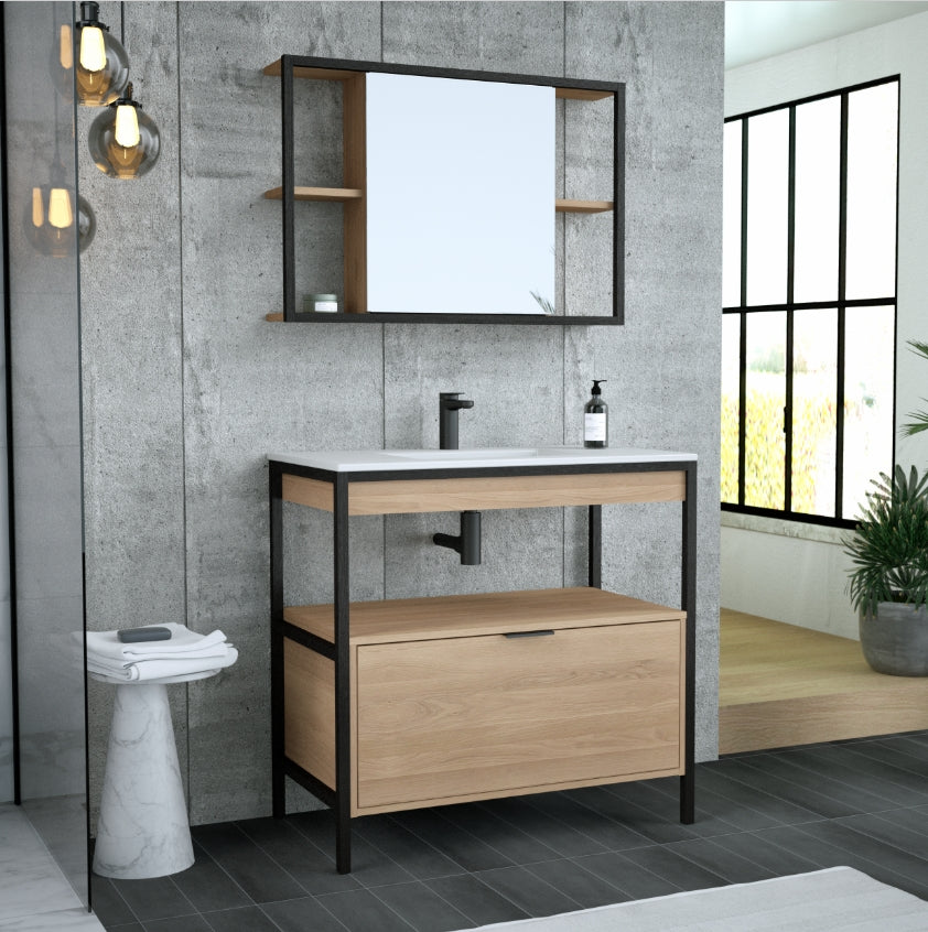 Meuble simple vasque, 1t l.90 x H.87.5 x P.48 cm, placage chêne, kasou