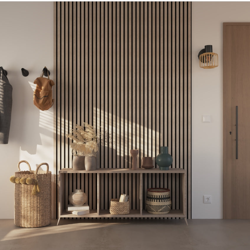 Panneau tasseaux finition chêne clair fond noir, 260X30cm