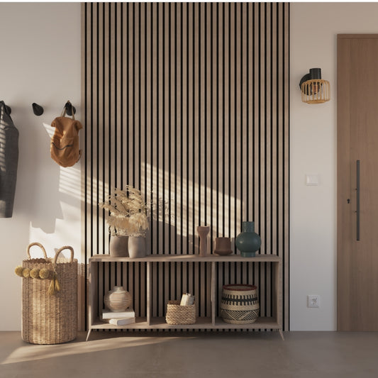 Panneau tasseaux finition chêne clair fond noir, 260X30cm