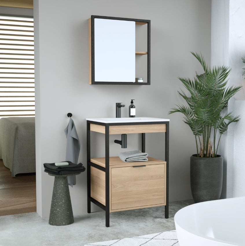 Meuble simple vasque, 1t l.60 x H.87.5 x P.48 cm, placage chêne