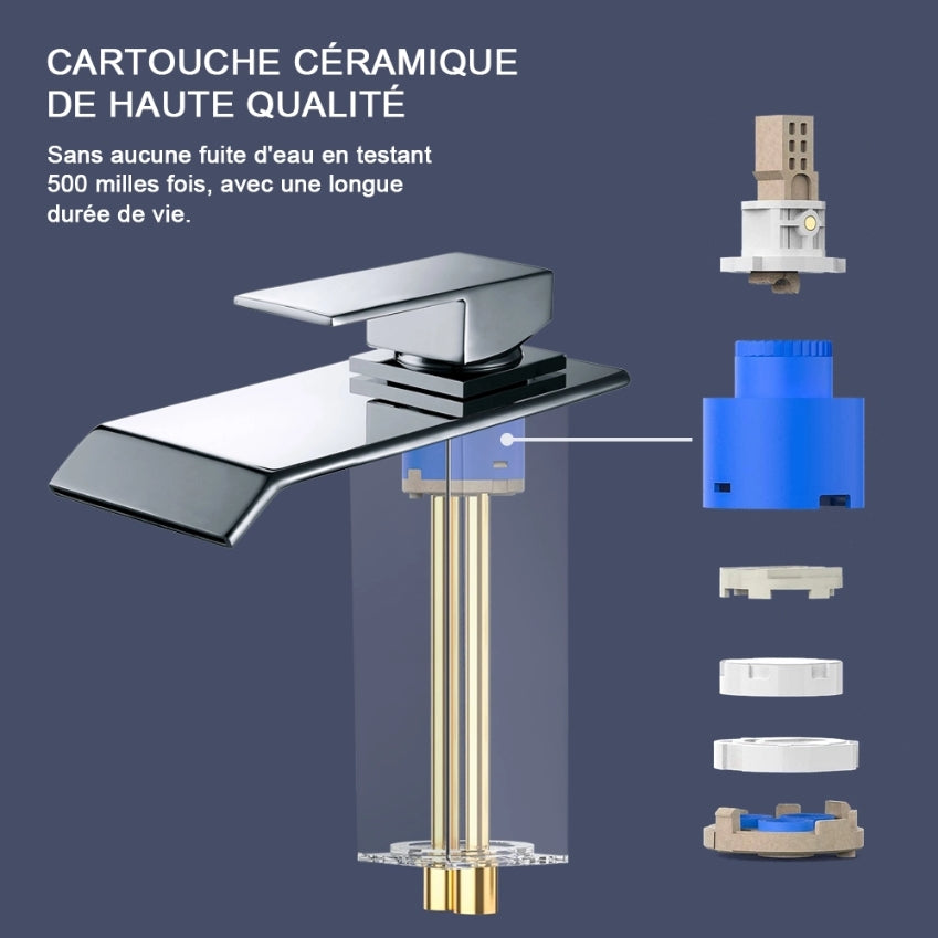 Robinet Salle de Bain Cascade Mitigeur Salle de Bain Chromé Robinet de Lavabo en Laiton Forme Carré Conception Classique