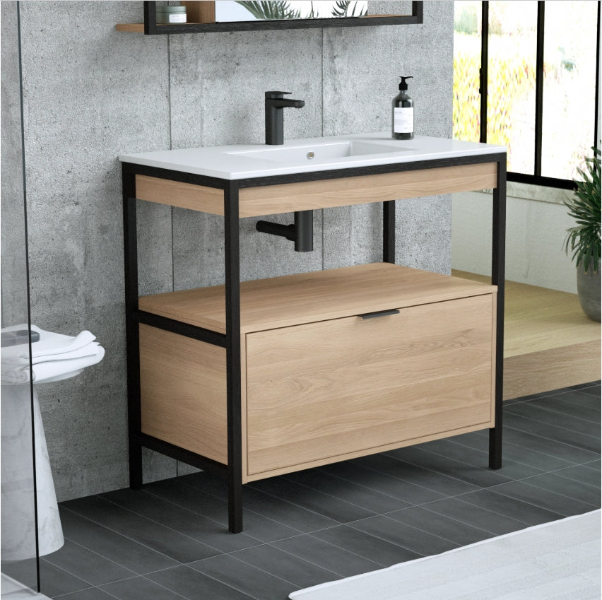 Meuble simple vasque, 1t l.90 x H.87.5 x P.48 cm, placage chêne, kasou