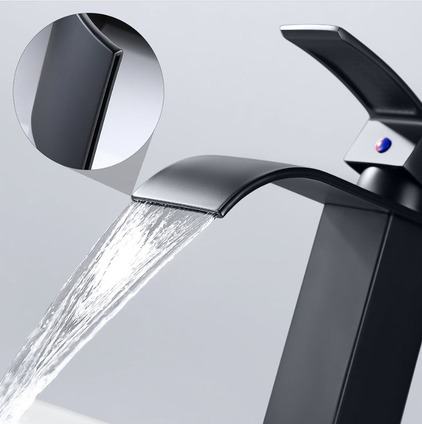 Mitigeur Robinet de Lavabo Cascade Noir Moderne – Robinet de Salle de Bain pour Vasque à Poser ou Lavabo Encastré – Robinetterie Design Élégante