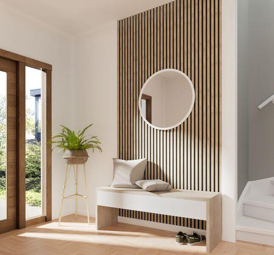 Panneaux tasseaux acoustiques tasseaux finition chêne clair fond noir 260X30X1.7cm