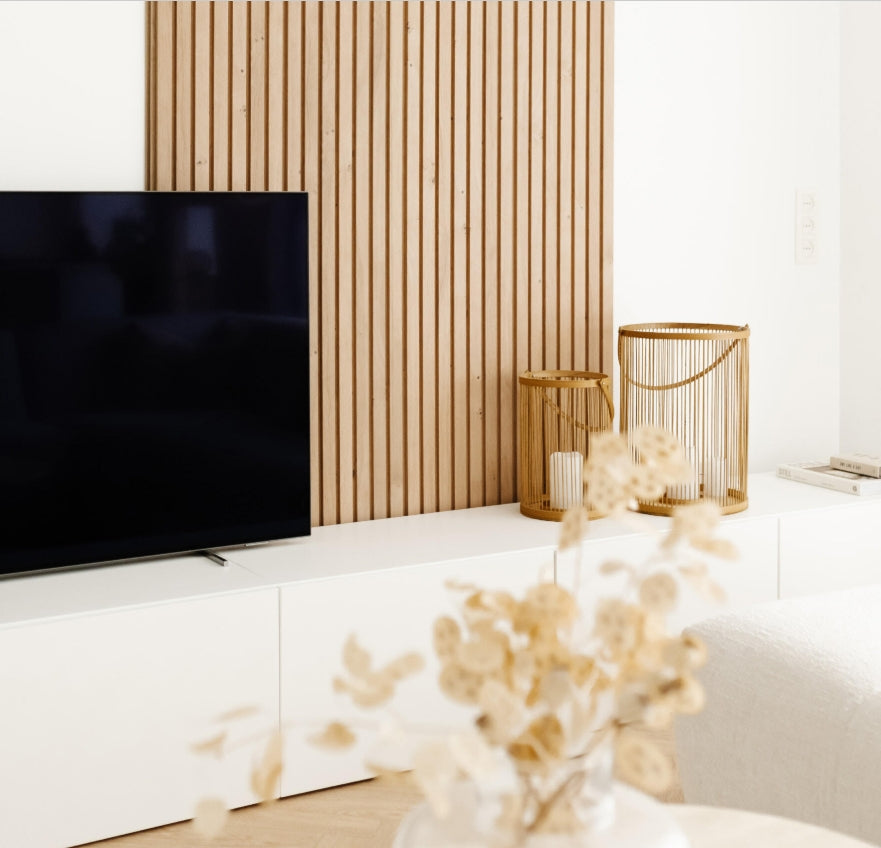 Lot de 2 panneaux MDF avec tasseaux, finition bois chêne naturel et fond noir - Dimensions : 250 x 28,7 x 2,0 cm