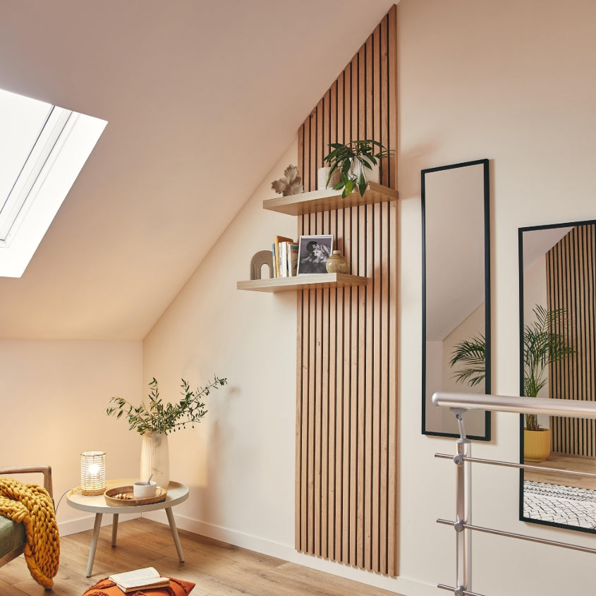 Lot de 2 panneaux MDF avec tasseaux, finition bois chêne naturel et fond noir - Dimensions : 250 x 28,7 x 2,0 cm