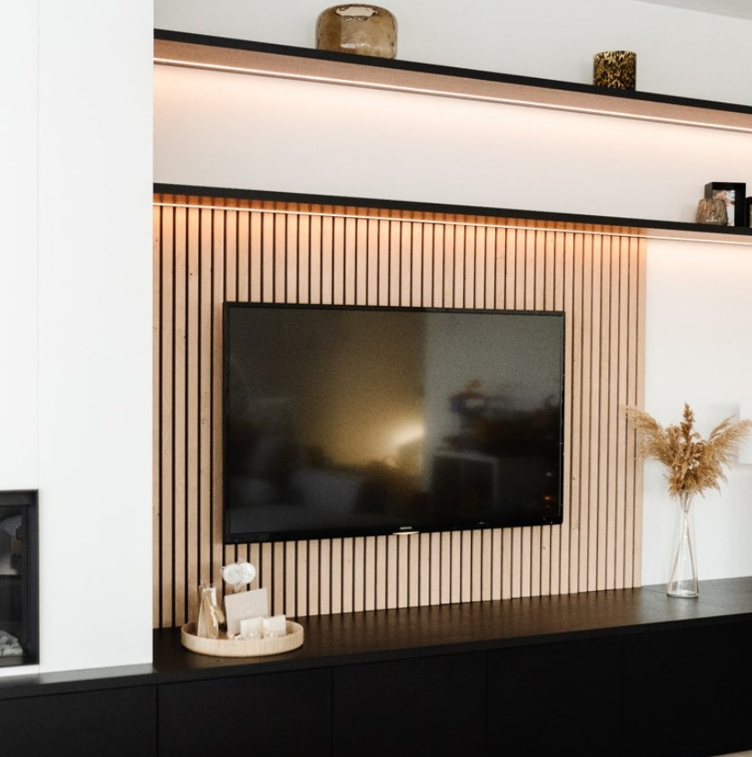 Lot de 2 panneaux MDF avec tasseaux, finition bois chêne naturel et fond noir - Dimensions : 250 x 28,7 x 2,0 cm