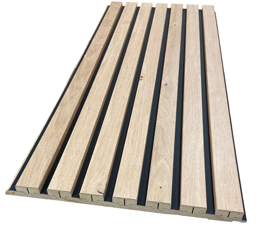 Lot de 2 panneaux MDF avec tasseaux, finition bois chêne naturel et fond noir - Dimensions : 250 x 28,7 x 2,0 cm