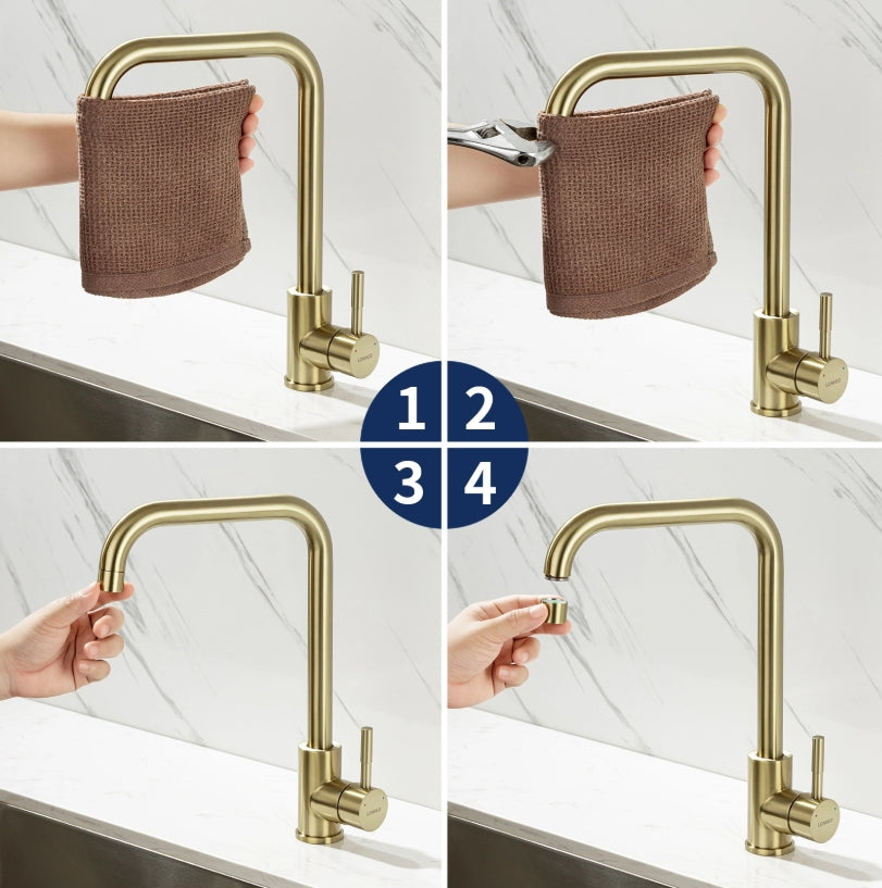 Mitigeur de cuisine moderne, robinet d'évier pivotant à 360°, design élégant en acier inoxydable, bec flexible avec aérateur amovible, finition argent brossé, modèle EU, marque AQUASTYLE