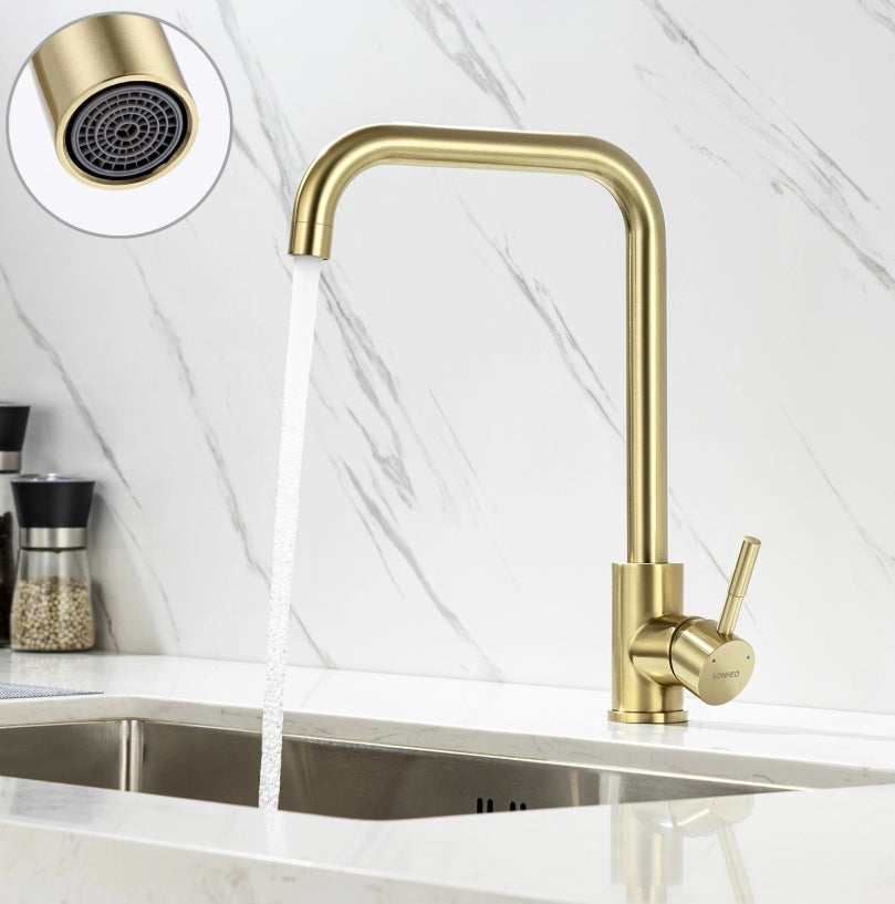 Mitigeur de cuisine moderne, robinet d'évier pivotant à 360°, design élégant en acier inoxydable, bec flexible avec aérateur amovible, finition argent brossé, modèle EU, marque AQUASTYLE