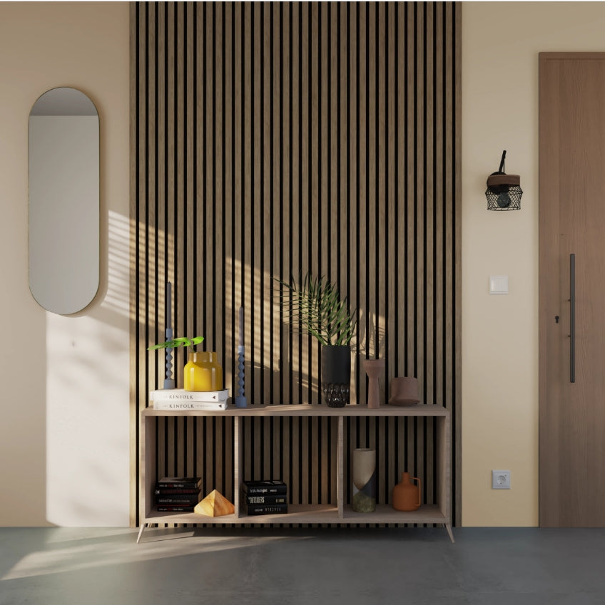 Panneau à tasseaux, finition chêne naturel avec fond noir - VARITENS - Dimensions : 260 x 30 cm