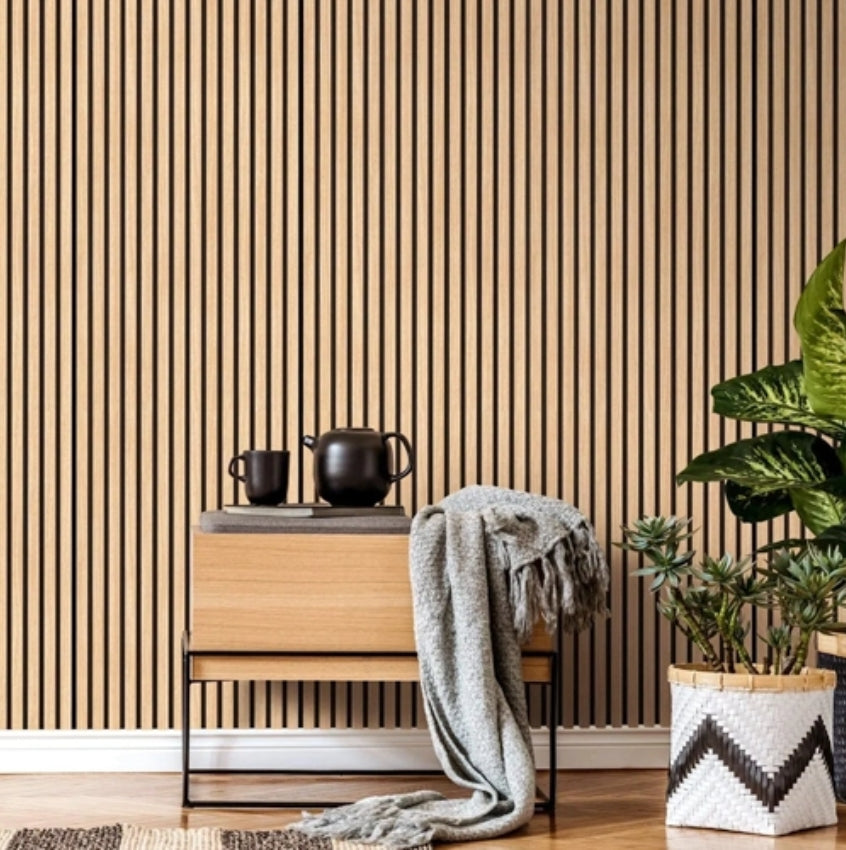 Panneau à tasseau acoustique, finition bois chêne naturel avec fond noir - Dimensions : 240 x 60 cm