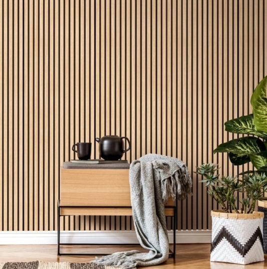 Panneau à tasseau acoustique, finition bois chêne naturel avec fond noir - Dimensions : 240 x 60 cm