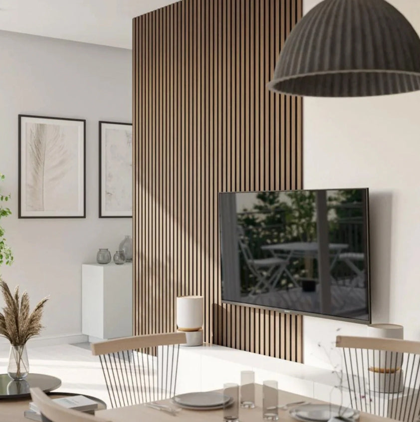 Panneau à tasseau acoustique, finition bois chêne naturel avec fond noir - Dimensions : 240 x 60 cm