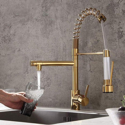 Robinet de cuisine moderne à douchette extractible, 2 jets (normal et spray), finition dorée, mitigeur monocommande pivotant à 360°, compatible eau chaude et froide, design élégant et fonctionnel.