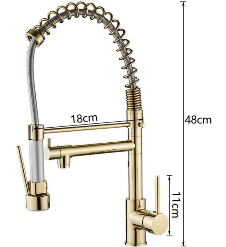 Robinet de cuisine moderne à douchette extractible, 2 jets (normal et spray), finition dorée, mitigeur monocommande pivotant à 360°, compatible eau chaude et froide, design élégant et fonctionnel.