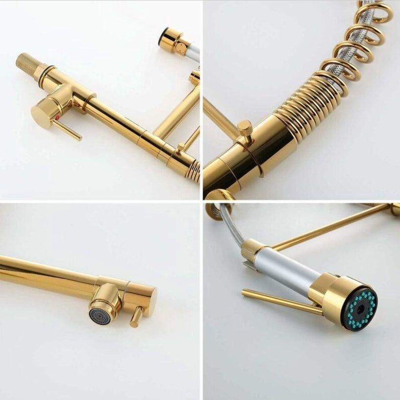 Robinet de cuisine moderne à douchette extractible, 2 jets (normal et spray), finition dorée, mitigeur monocommande pivotant à 360°, compatible eau chaude et froide, design élégant et fonctionnel.