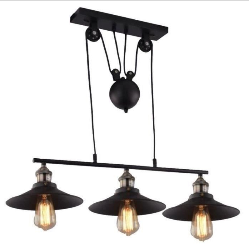 Lustre Suspension Industrielle à Poulie 3 Lampes – Plafonnier en Métal Fer pour Salon, Cuisine, Bar et Restaurant