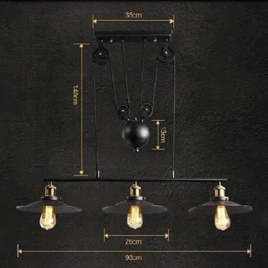 Lustre Suspension Industrielle à Poulie 3 Lampes – Plafonnier en Métal Fer pour Salon, Cuisine, Bar et Restaurant
