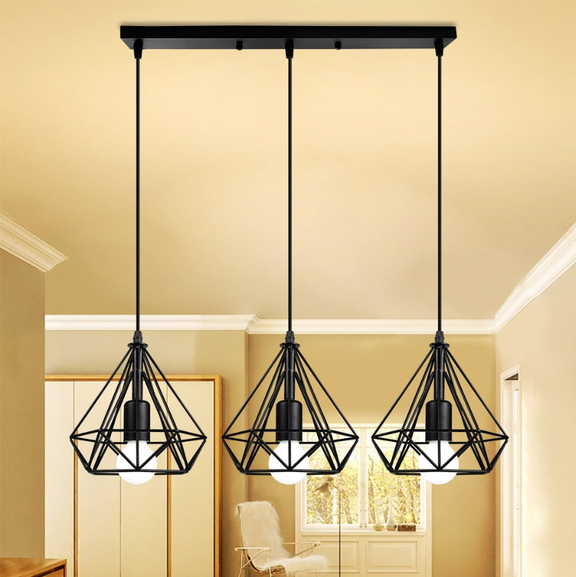 lustre Suspension Industrielle 3 Lampes – Design DIAMANT Vintage E27 avec Abat-Jour en Métal pour Restaurant, Bar, Café et Salon – Noir