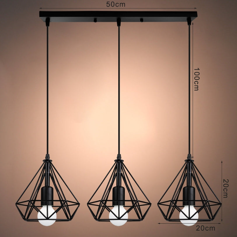 lustre Suspension Industrielle 3 Lampes – Design DIAMANT Vintage E27 avec Abat-Jour en Métal pour Restaurant, Bar, Café et Salon – Noir