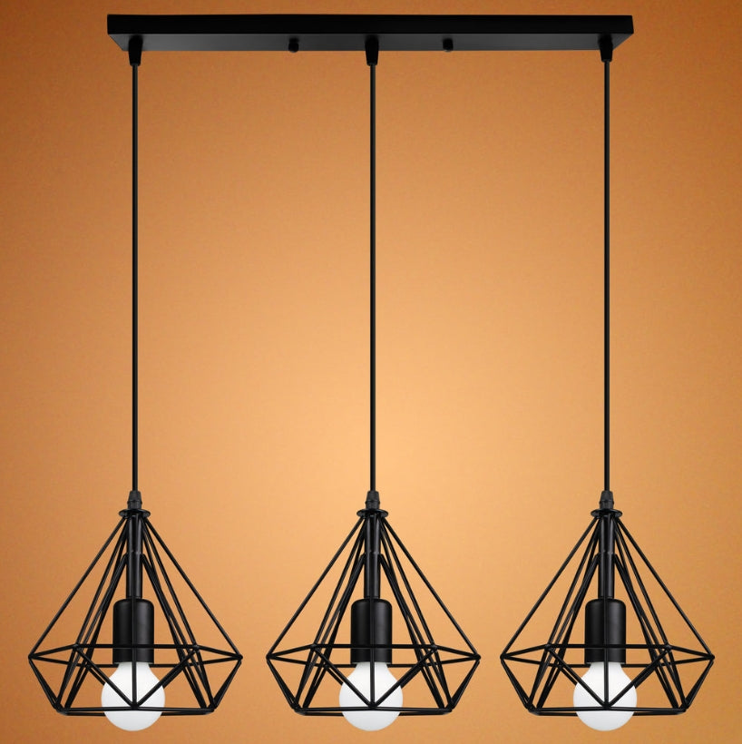 lustre Suspension Industrielle 3 Lampes – Design DIAMANT Vintage E27 avec Abat-Jour en Métal pour Restaurant, Bar, Café et Salon – Noir
