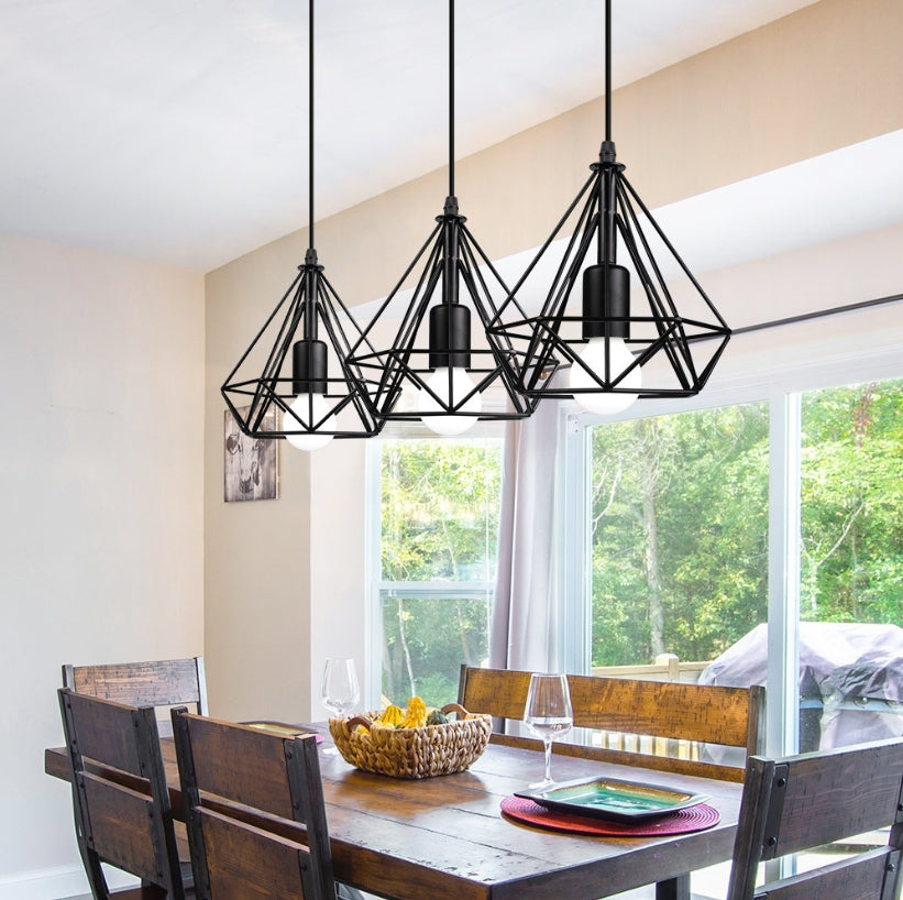 lustre Suspension Industrielle 3 Lampes – Design DIAMANT Vintage E27 avec Abat-Jour en Métal pour Restaurant, Bar, Café et Salon – Noir