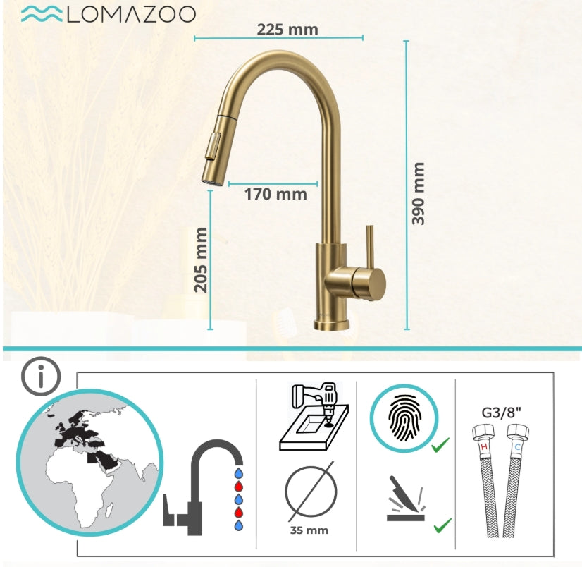 Robinet de cuisine design doré avec douchette extractible, finition or brillant, bec pivotant, facile à installer et à utiliser, modèle SPHINX, marque LIMAZA.
