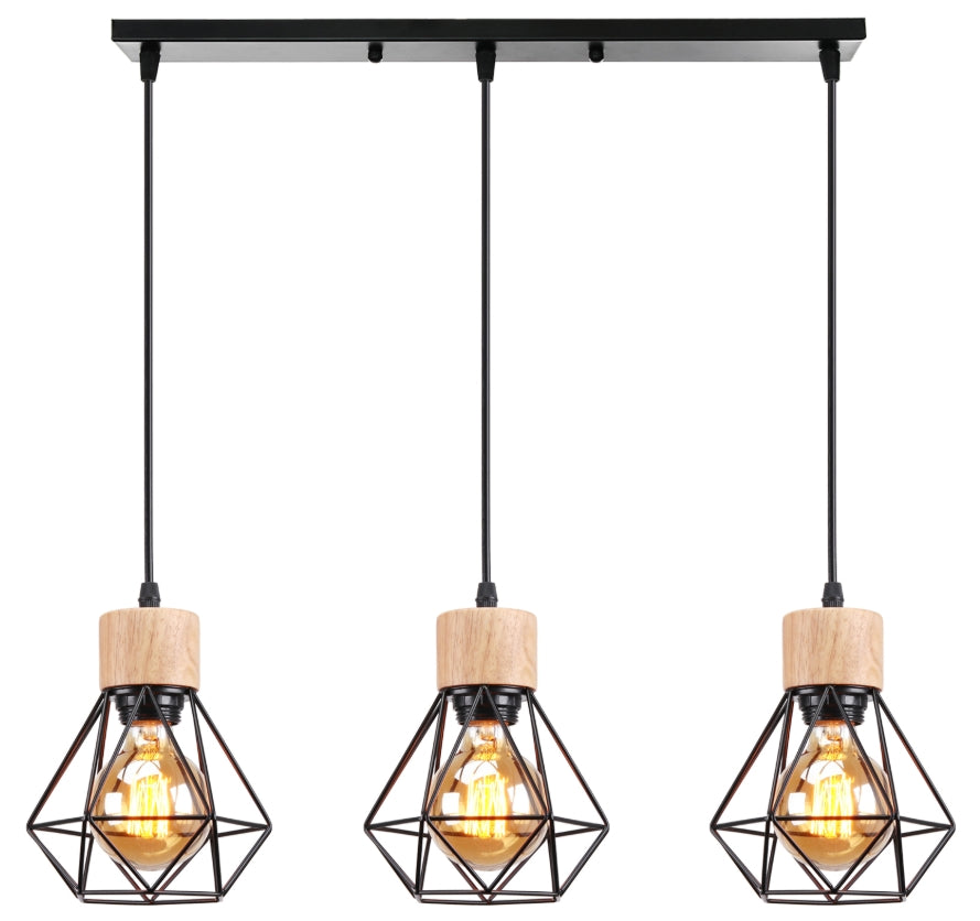 Lustre Suspension Industriel Vintage 3 Lumière, Lampe en Bois Métal Douille E27 Cage Diamant Rétro pour Salon Chambre Cuisine Restaurant, E27 Noir