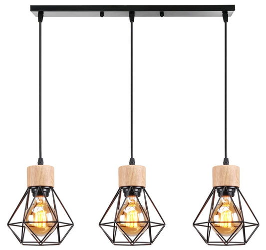 Lustre Suspension Industriel Vintage 3 Lumière, Lampe en Bois Métal Douille E27 Cage Diamant Rétro pour Salon Chambre Cuisine Restaurant, E27 Noir