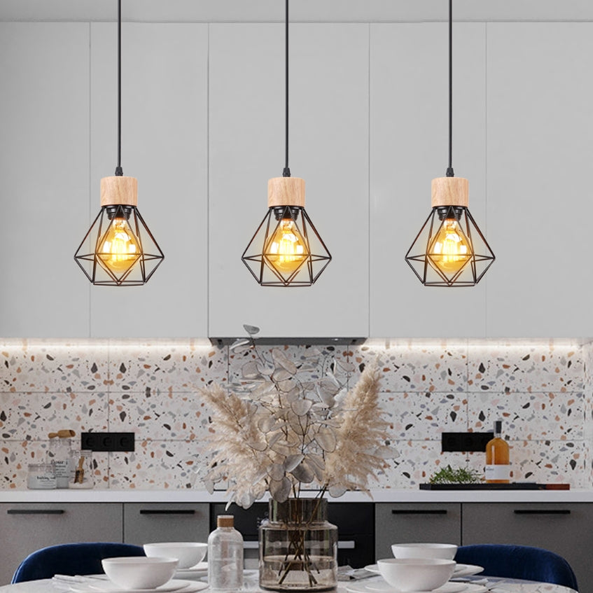 Lustre Suspension Industriel Vintage 3 Lumière, Lampe en Bois Métal Douille E27 Cage Diamant Rétro pour Salon Chambre Cuisine Restaurant, E27 Noir