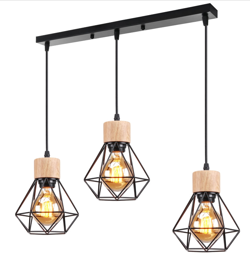 Lustre Suspension Industriel Vintage 3 Lumière, Lampe en Bois Métal Douille E27 Cage Diamant Rétro pour Salon Chambre Cuisine Restaurant, E27 Noir