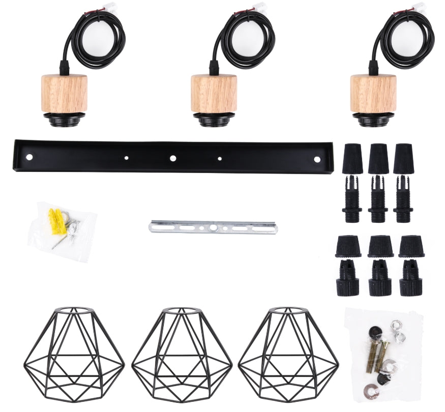 Lustre Suspension Industriel Vintage 3 Lumière, Lampe en Bois Métal Douille E27 Cage Diamant Rétro pour Salon Chambre Cuisine Restaurant, E27 Noir