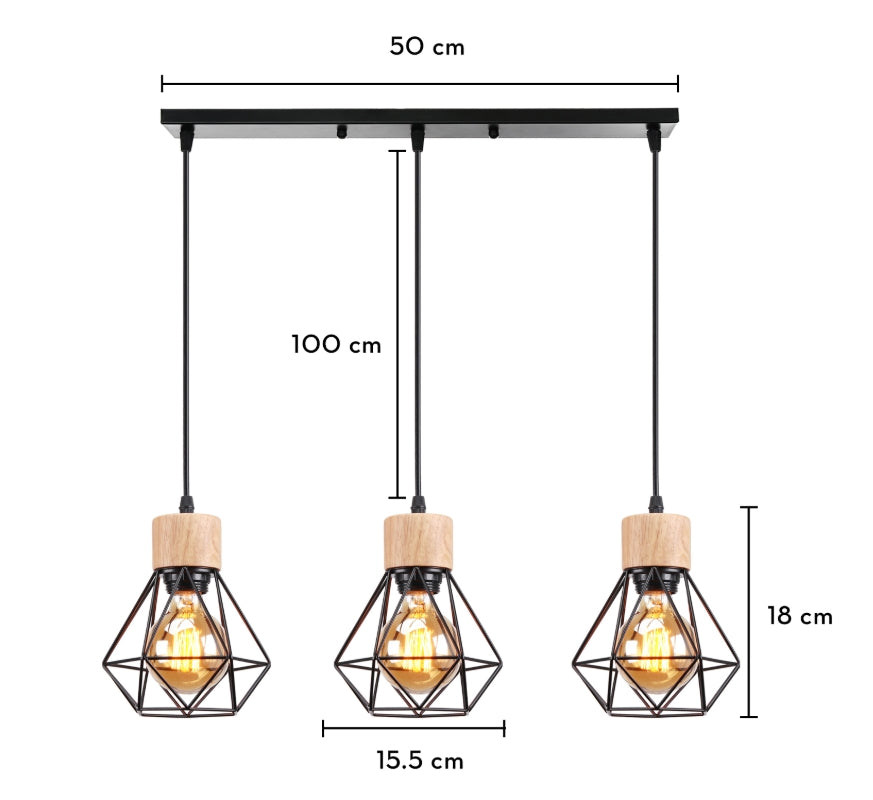 Lustre Suspension Industriel Vintage 3 Lumière, Lampe en Bois Métal Douille E27 Cage Diamant Rétro pour Salon Chambre Cuisine Restaurant, E27 Noir
